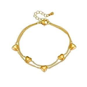 Elegant gold double-layered heart chain bracelet with five charms and adjustable lobster clasp