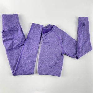Detail of purple marl seamless yoga set with thumb holes and high waist leggings