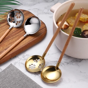 Japanese Style 304 Stainless Steel Soup Spoon With Beech Wood Handle Slotted Colander Mirror Polished Kitchen Tableware