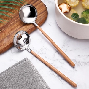 SUS304 stainless steel soup and slotted spoon set with long beech wood handles