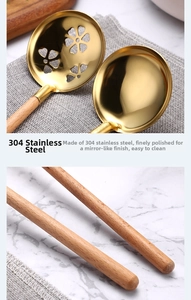 Detailed macro of golden 304 stainless steel spoons with natural beech wood handles