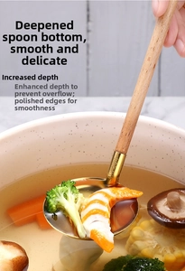 Detail view of 304 stainless steel deep soup ladle with ergonomic beech wood handle