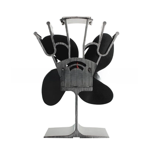 Detailed back view of a 4-blade heat powered stove fan showing motor and wire structure