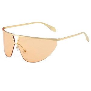 Futuristic frameless Y2K shield sunglasses with orange lenses and golden metal temples