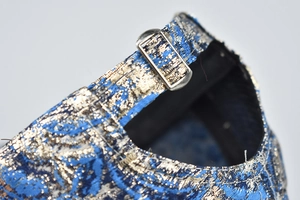 Détail d'une casquette hip hop avec boucle argentée réglable et tissu doré métallisé