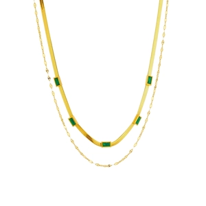 Collana doppia a strati dorata con catena a serpente piatta e cristalli rettangolari verdi