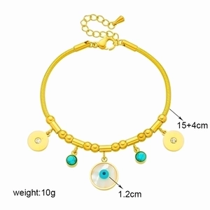 Gold stainless steel evil eye bracelet with turquoise beads and charm dimensions