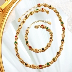 Vintage style gold necklace and bracelet set with colorful round zircon stones
