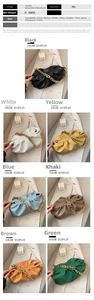 Detailed chart showing cloud clutch bag dimensions and seven available color options