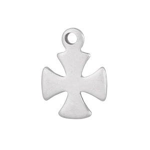 Polished silver stainless steel Maltese cross pendant with hollow arc design on white backdrop