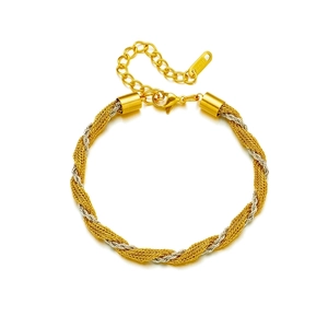 Detail of two-tone braided stainless steel bracelet with lobster clasp and extension chain