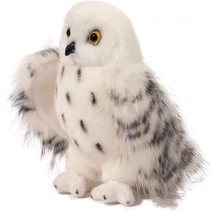 Realistic snowy owl plush toy with soft white faux fur and black spotted feather texture
