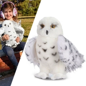 Cute white plush snowy owl doll with grey spots and yellow eyes for kids