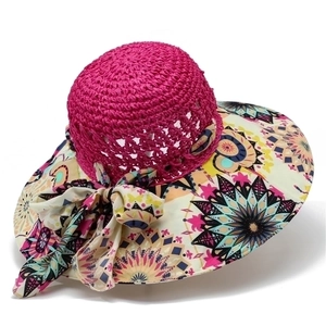 Rose red woven sun hat with bohemian floral brim and bow detail for summer beach shade