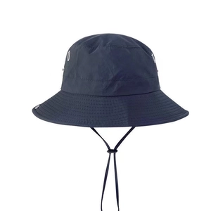 Outdoor navy blue bucket hat with adjustable windproof drawstring for hiking and camping