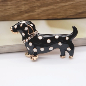 Cute enamel dachshund brooch with white polka dots and rhinestone collar accents
