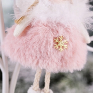 Pink plush Christmas angel tree pendant with gold snowflake and white feather wings