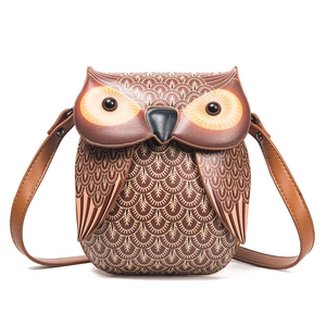 Fashionable owl-shaped crossbody bag with realistic feather print and brown leather texture