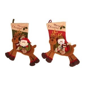 Set of two festive Christmas stockings featuring Santa and Snowman on reindeer