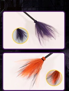 Close-up of purple and orange mesh details on Halloween witch broom props with color display