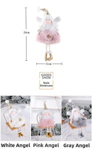 Detail of plush Christmas angel ornaments in white, pink, and grey showing 24x11cm size