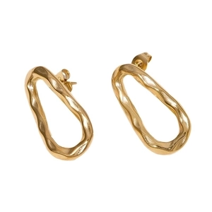 Modern gold irregular oval stud earrings with textured wavy surface on white background