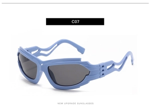 Detail view of light blue streamline cutout frame and grey lens of sports sunglasses