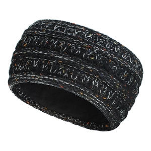 Détail d'un bandeau en maille noire avec mouchetures colorées et doublure polaire chaude