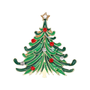 Exquisite green enamel Christmas tree brooch with sparkling red rhinestones and gold base