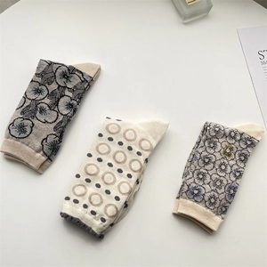 Vintage floral knit cotton socks in grey, beige and purple with ethnic patterns