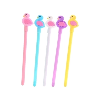 Set of 5 colorful cartoon flamingo gel pens for students in pink, blue, white, and purple