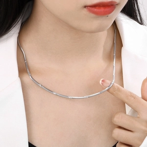 Close-up of a stylish silver titanium steel flat snake chain worn on the neck