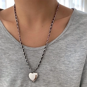 Long Titanium Steel Heart Pendant Necklace Silver Braided Metal Leather Chain Trendy Unisex Hip Hop Jewelry Sweater Chain