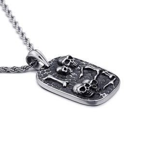 Punk style skull dog tag necklace in antique silver finish for men on white background