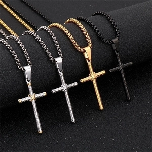 Stainless steel wrapped cross necklaces in gold, silver and black finishes for men