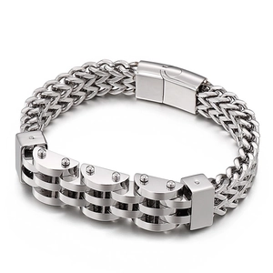 Mens double row stainless steel biker chain bracelet with geometric links in silver finish