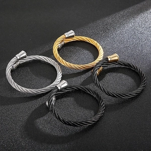 Punk twisted wire titanium steel open bracelets in gold, silver, and black finish