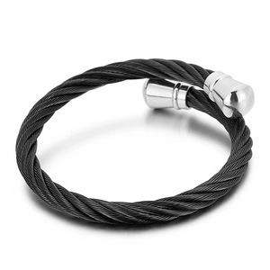 Men's punk style black twisted cable open bangle with polished silver metal end caps
