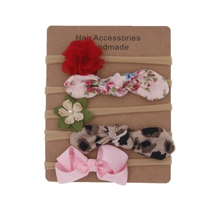 Set of 5 floral and bow baby headbands with soft nylon bands and fabric patterns