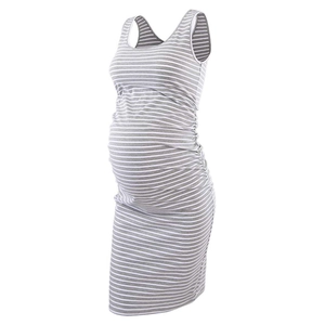 Sleeveless striped maternity dress in grey and white with side ruching for pregnancy