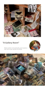 Macro view of vintage art paper scrapbooking stickers with oil paintings and natural motifs