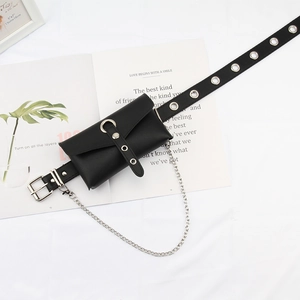 Women Punk PU Leather Belt With Detachable Metal Chain And Phone Pouch Grommet Waist Belt Accessory