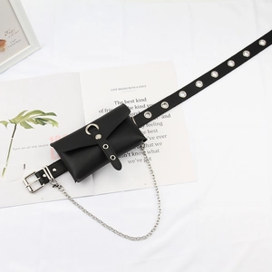 Punk style black PU leather waist bag with metal chain detail and eyelet belt accessory