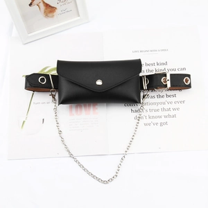 Punk style black PU leather waist bag with metal chain and grommet belt on white background