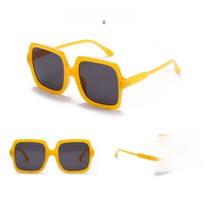 Detail view of model S3378 retro square yellow frame sunglasses with grey lenses