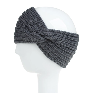Close-up of dark grey knitted headband featuring a stylish twist knot and ribbed texture