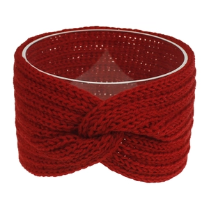 Detailed knit texture and central twist knot of the red winter sports headband