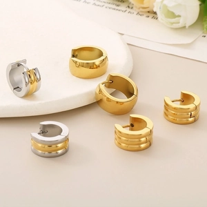 Minimalist wide 18K gold plated titanium steel hoop earrings with triple-row design
