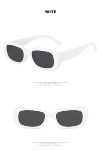 Detail view of white rectangular sunglasses showing front and side profile perspectives