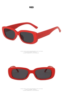 Detail view of red rectangular small frame sunglasses with dark lenses from multiple angles